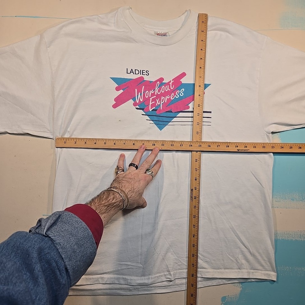 VTG 90s XL Ladies Workout Express T-Shirt Single Stitch Neon Gym 50/50 Hanes Tee - Picture 4 of 10
